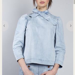 Ulla Johnson Wes Blouse Top Shirt Bow Blue Size 4 6 S M Denim